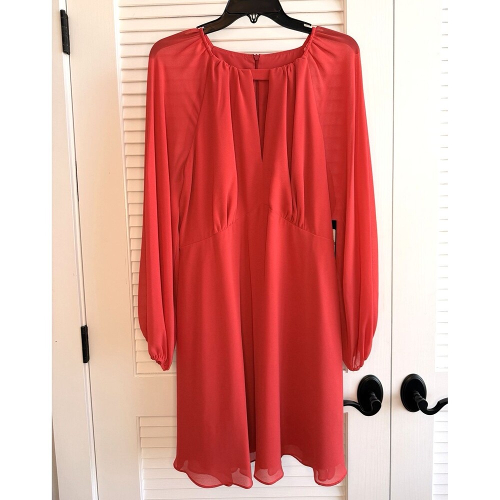 Jessica Howard Coral Chiffon Dress 14 Long Sleeve Keyhole Neckline NWT